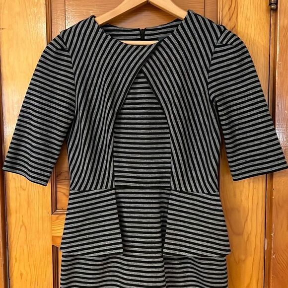 Gabby Skye Grey Black Stripes Half Sleeve Professional Dress 4 - Picture 2 of 9